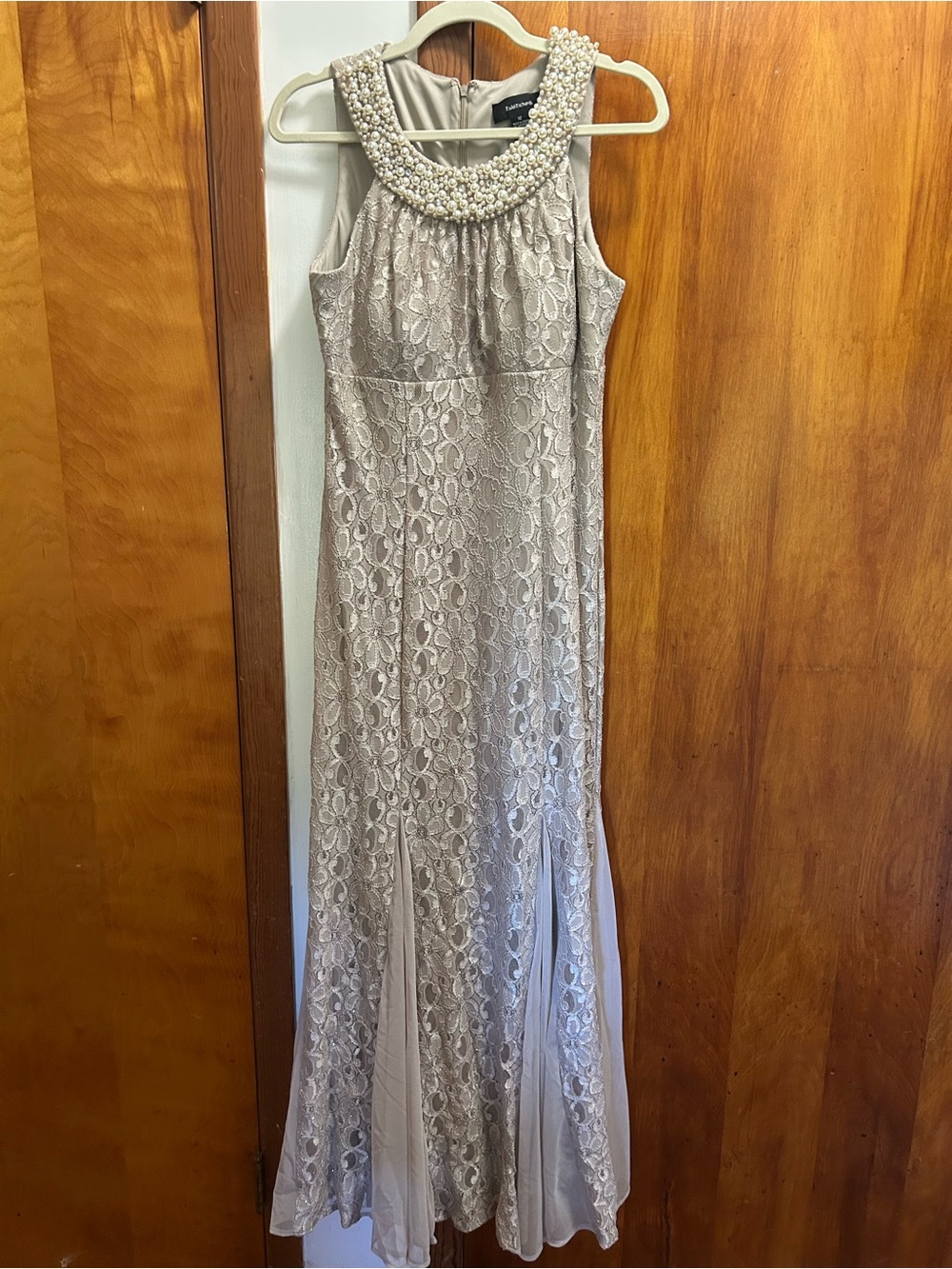 R&M Richards Beaded Collar Lace Maxi Dress in Taupe